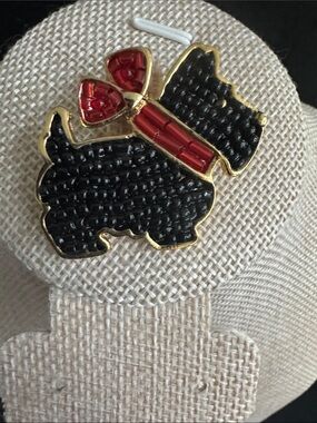 VTG Signed Fire Bird Black Beaded Scotty Dog Brooch Gold Tone